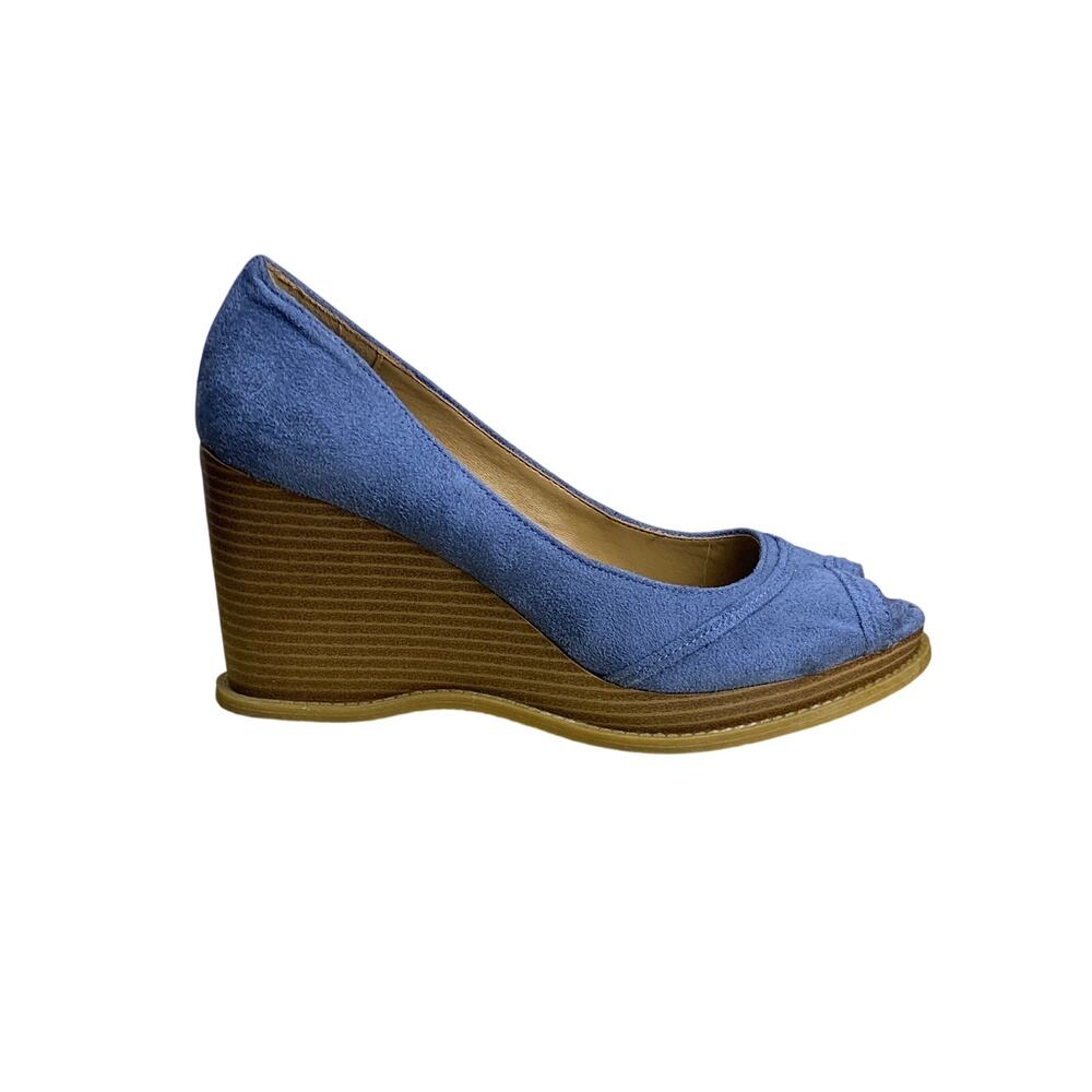 Lower East Side Vintage 90s  Denim Blue Suede Platform Peep-Toe Wedges -Size  7